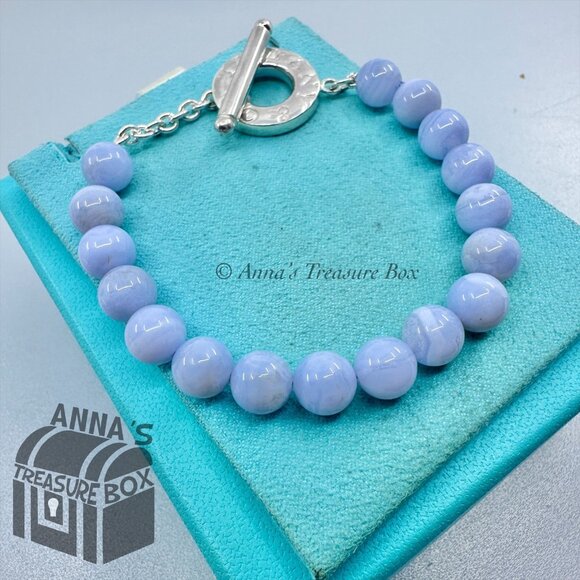 Tiffany & Co. 925 Silver 8mm Blue Lace Agate Toggle 8" Bracelet (bx, pch, rbbn - Picture 1 of 9
